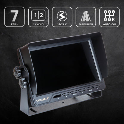 VSG24 Reversing Monitor Master - 7 inch screen, 2 camera inputs, trigger, distance lines, direct select buttons, 12-24V, rear view camera monitor for car, camper van, parking aid, reversing camera cable.