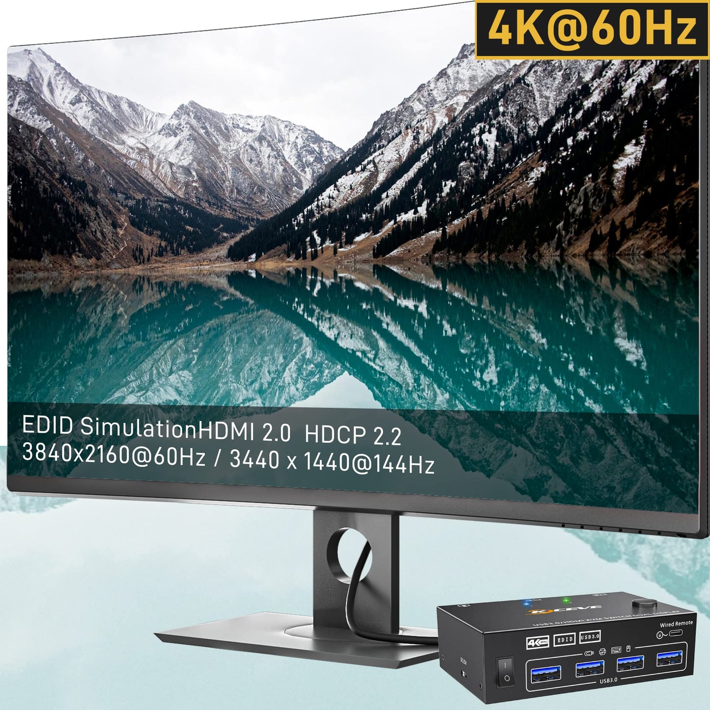 YOUTINGHDAV USB 3.0 HDMI KVM Switch 2 PC 2 Monitors, EDID Emulator, 4K@60Hz, HDMI 2.0, Dual Monitor KVM Switch 2 Monitors Share Wireless Keyboard, Mouse, Wired Remote, and 4 Cables