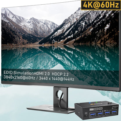 YOUTINGHDAV USB 3.0 HDMI KVM Switch 2 PC 2 Monitors, EDID Emulator, 4K@60Hz, HDMI 2.0, Dual Monitor KVM Switch 2 Monitors Share Wireless Keyboard, Mouse, Wired Remote, and 4 Cables