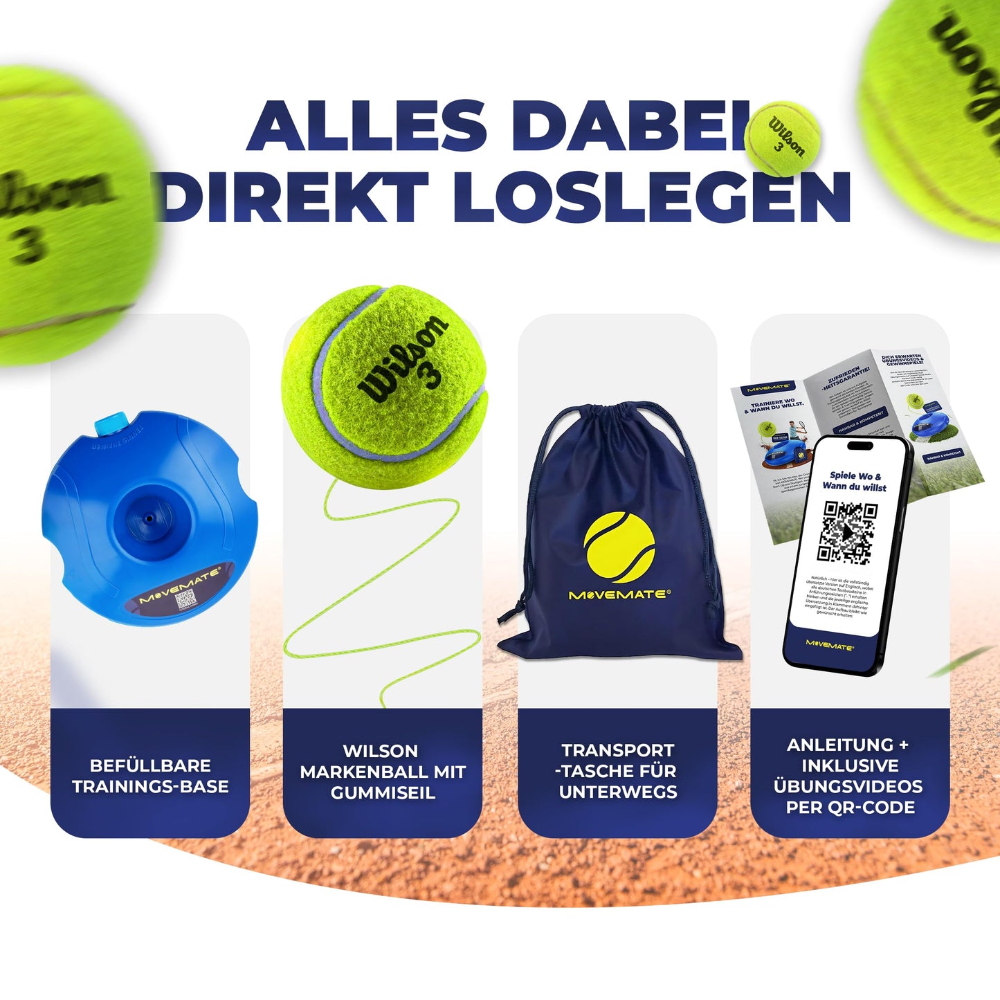 MOVEMATE Tennis Trainer Set with Wilson® tennis ball | innovative ball game for outdoor, garden, park for children & adults | includes carrying bag & instructional videos