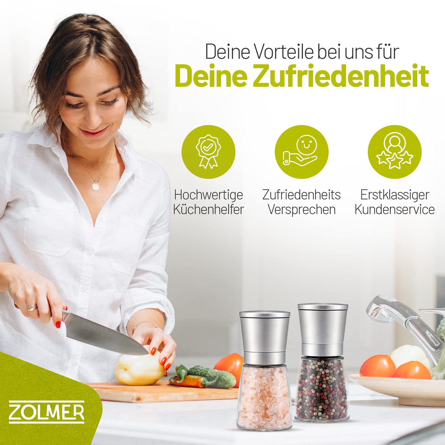 Zolmer® Salt and Pepper Mill with Bamboo Stand - Spice Mill Set of 2 made of Stainless Steel & Glass - Ceramic Grinder, adjustable, refillable & stylish for any kitchen.