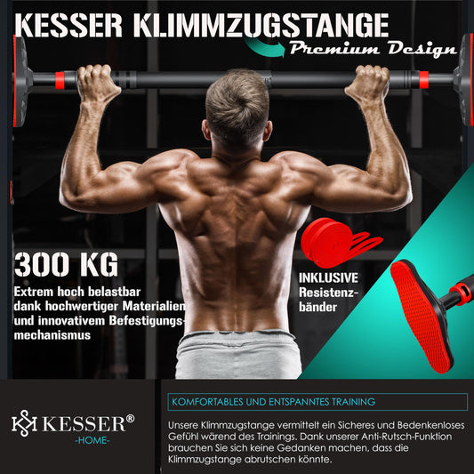 KESSER® Door Frame Pull Up Bar Adjustable, Pull Up Bar Home Gym, Bar without Screws/Drilling, 68-106 cm Extendable, Holds up to 300Kg & Non-slip Grips, includes Resistance Bands