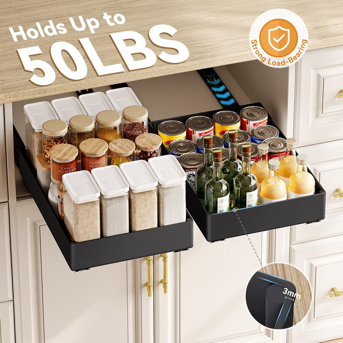 SOLEDI Telescopic Drawer Adhesive, Pull-Out Kitchen Drawer 3-Pack, Expandable Kitchen Cabinet Organizer, No Drilling or Nailing Required (Black)