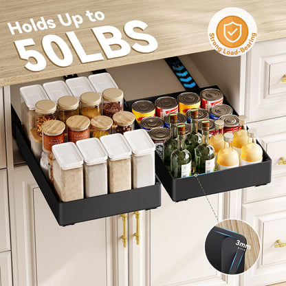 SOLEDI Telescopic Drawer Adhesive, Pull-Out Kitchen Drawer 3-Pack, Expandable Kitchen Cabinet Organizer, No Drilling or Nailing Required (Black)