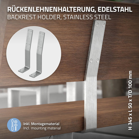 ML-Design 2 Piece Backrest Bracket, Silver, made of stainless steel, 345x90x50 mm, bench backrest, bench back, backrest for screwing, metal backrest bracket profile for seat benches, beds, chairs.