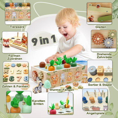 Montessori toy for 1 year and up, wooden activity cube with 9 functions, safari themed motor skills toy for 1, 2, and 3 year olds. Perfect gift for baby girls and boys aged 1-4 years.