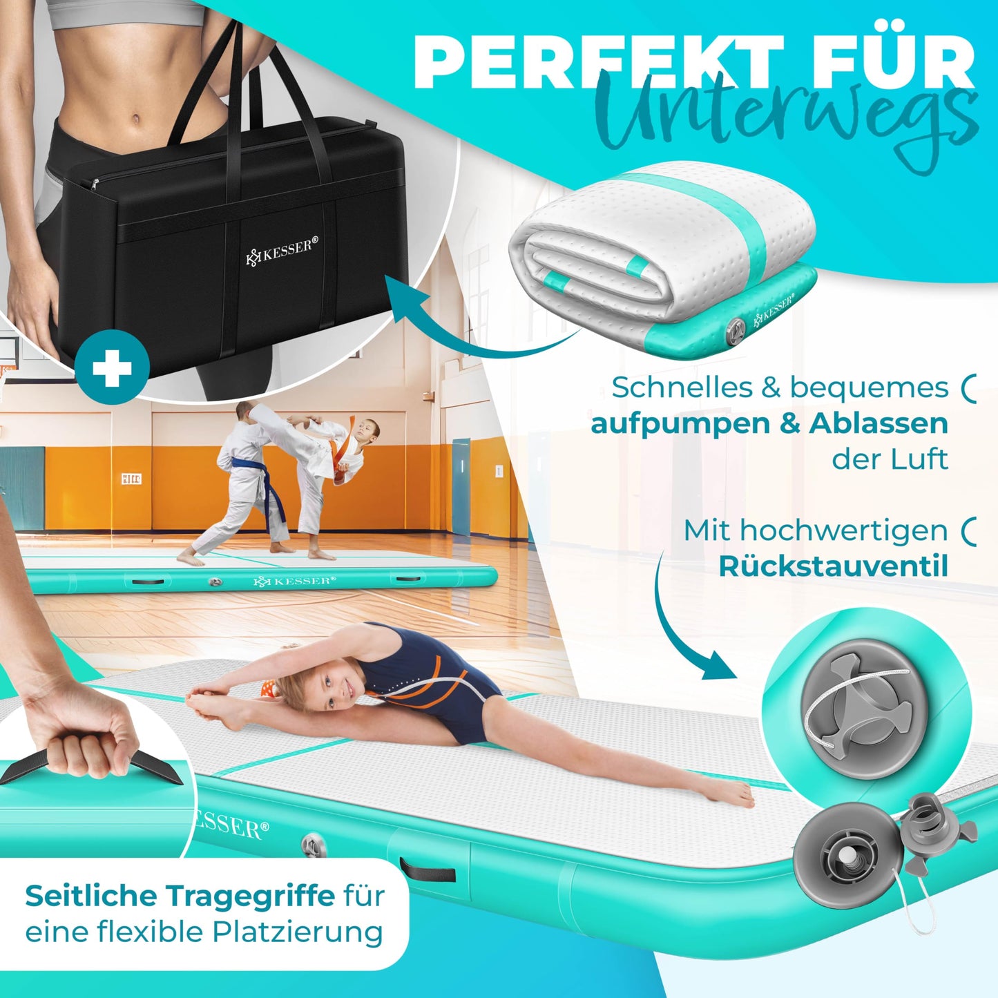 KESSER® Inflatable Airtrack Fitness Mat Gymnastics Mat | incl. carrying bag & electric air pump | Yoga Mat, Tumbling Mats, Training Mat (Mint Green, 400 x 100 x 10 cm)