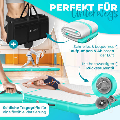 KESSER® Inflatable Airtrack Fitness Mat Gymnastics Mat | incl. carrying bag & electric air pump | Yoga Mat, Tumbling Mats, Training Mat (Mint Green, 400 x 100 x 10 cm)