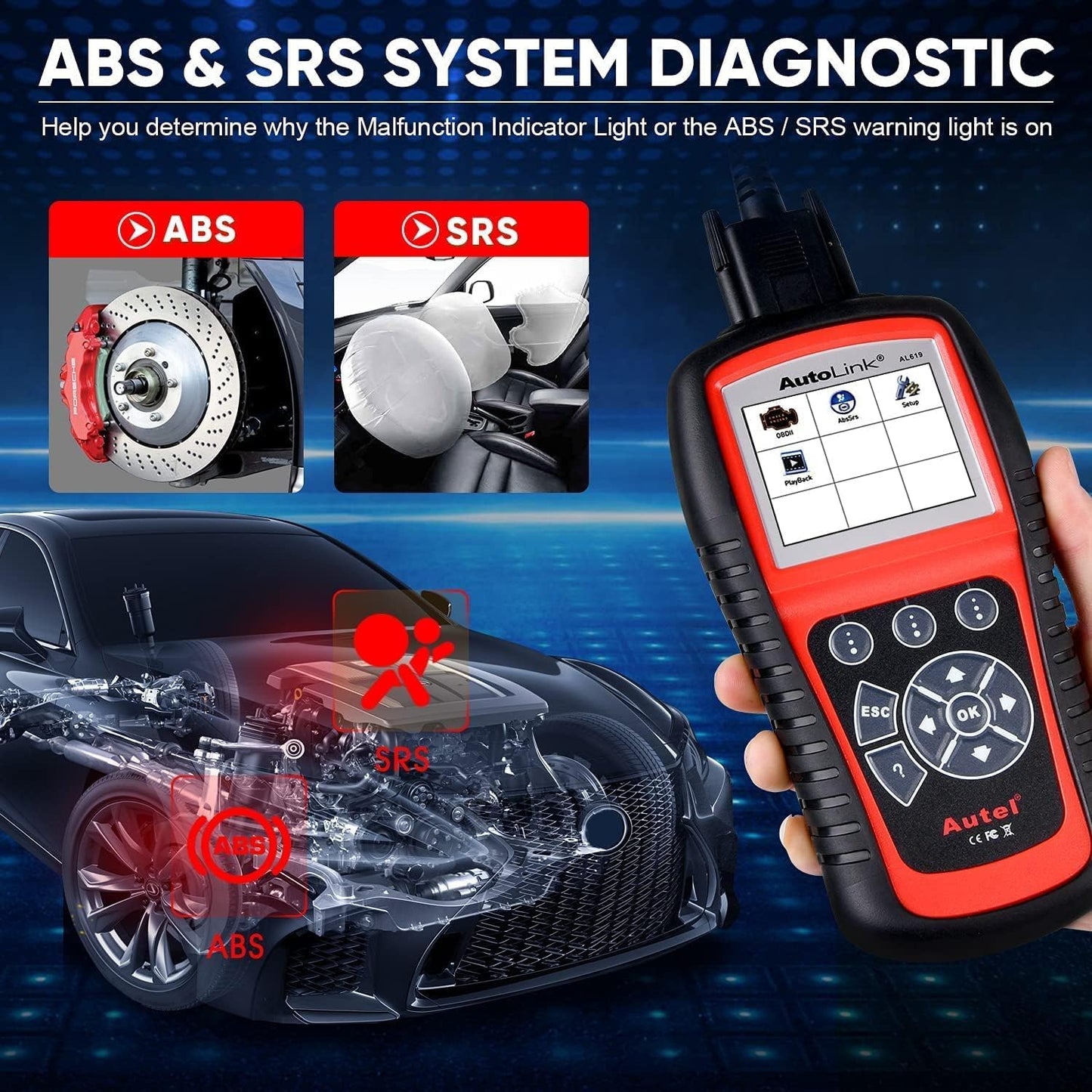 Autel AutoLink AL619 OBD2 Scanner, Car ABS/SRS Diagnostic Tool, Reset ABS Airbag Warning Lights, OBDII Function with Live Data, Ready Test, Advanced from ML619/ML519/AL519.