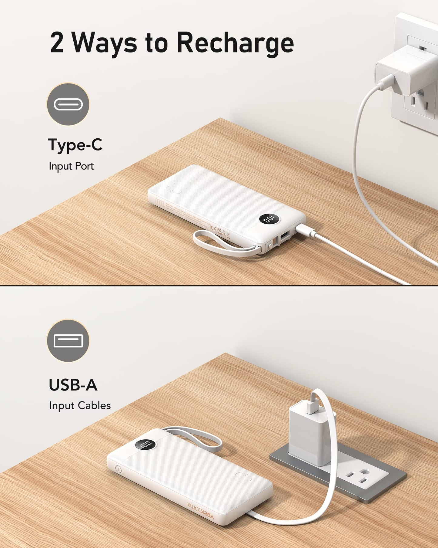 Powerbank 10000mAh Power Bank with Cable VEEKTOMX USB C Powerbank External Mobile Batteries with 5 Outputs LED Display External Battery Compatible with iPhone/Samsung Galaxy/Xiaomi/Huawei/iPad, etc.