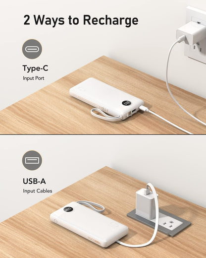 Powerbank 10000mAh Power Bank with Cable VEEKTOMX USB C Powerbank External Mobile Batteries with 5 Outputs LED Display External Battery Compatible with iPhone/Samsung Galaxy/Xiaomi/Huawei/iPad, etc.