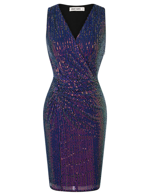 GRACE KARIN Vintage Elegant Business Pencil Dress Sexy Shiny Sequin V-Neck Evening Dress Slim Fit Hip Dress Purple on Black S.
