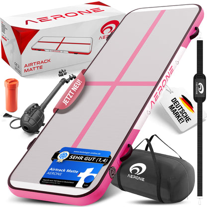 AERONE Airtrack Inflatable Tumbling Mat | Air Tracking Mat 3m [Includes Shoulder Strap, Carrying Bag, Air Pump] Air Track for Gymnastics at Home, Outdoors, or Pool | Pink