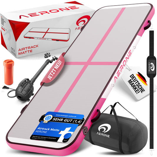 AERONE Airtrack Inflatable Tumbling Mat | Air Tracking Mat 3m [Includes Shoulder Strap, Carrying Bag, Air Pump] Air Track for Gymnastics at Home, Outdoors, or Pool | Pink