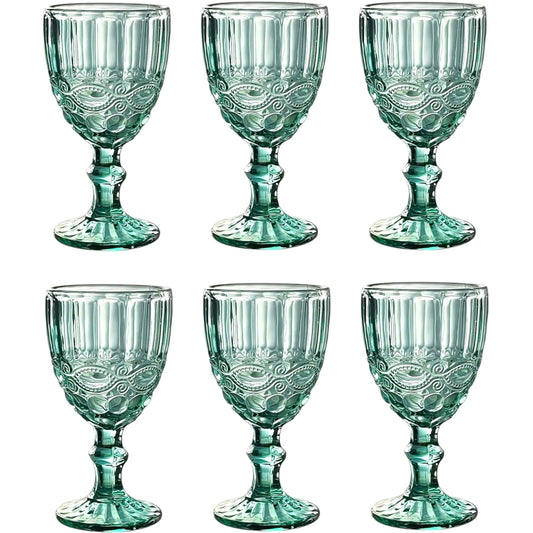 Vintage 6-piece set of colored wine glasses and drinking glasses with embossed relief (bow, turquoise, wine glass) chalice, drinking glass, water glass, highball glasses, cocktail glasses, glass, goblets.