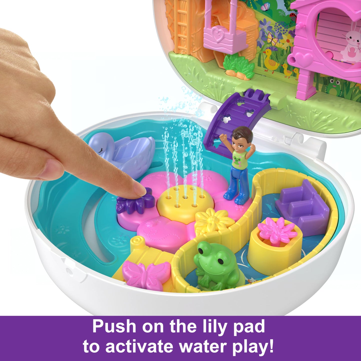 Polly Pocket Flower Bunny Compact - Playset with water fun and color change effect, 2 dolls, 12 accessories, and 5 features, for kids ages 4 and up, HKV36