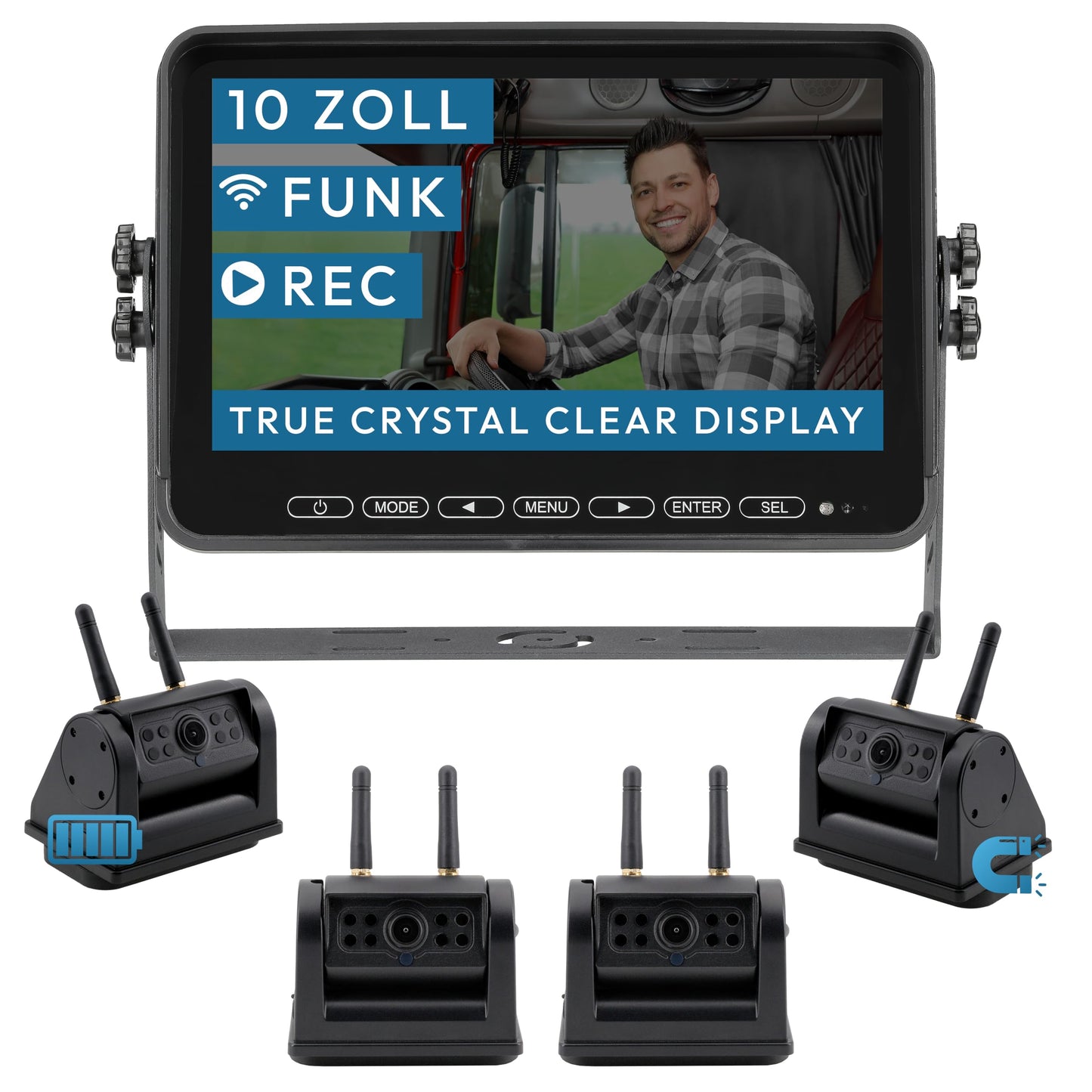 VSG24 10" Element HD XL | 4 cameras wireless reverse system with battery magnet for RV & truck, car set with camera + monitor, DIY retrofit 12V-24V, digital camera, car rearview mirror