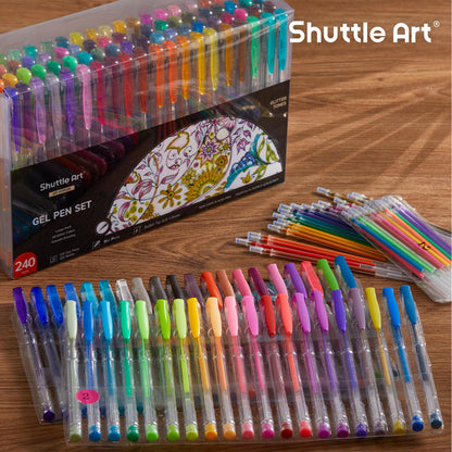 Shuttle Art Glitter Gel Pens, 240-piece gel pen set with 120 colorful glitter gel pens and 120 replacement refills, for adults and kids on coloring books for highlighting, drawing, writing.