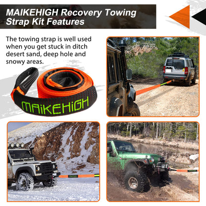 MAIKEHIGH Tow Strap 5M x 5cm, 10 Tonnes (22,000 Lbs) Polyester Tow Rope Kit For Off-Road Recovery With 2 Reinforced Hooks and 2 Gloves.