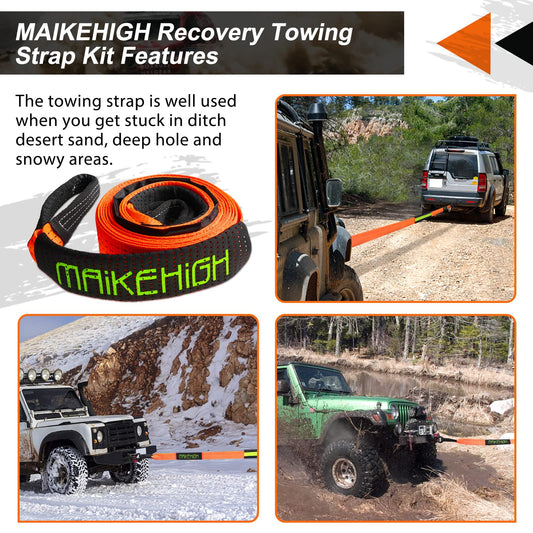 MAIKEHIGH Tow Strap 5M x 5cm, 10 Tonnes (22,000 Lbs) Polyester Tow Rope Kit For Off-Road Recovery With 2 Reinforced Hooks and 2 Gloves.