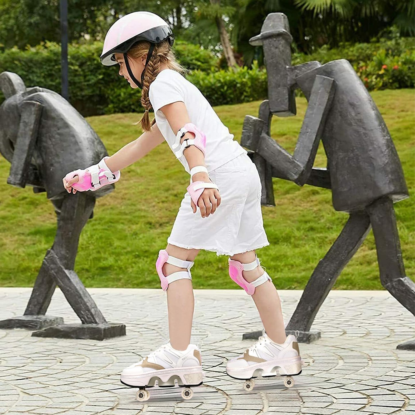 Girls and children roller skates shoes with wheels adjustable quad kick roller skates for women 2 in 1 inline skates deformation sneakers for beginners, gray-41EU
