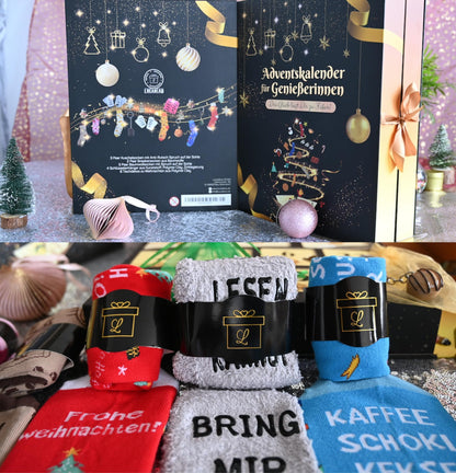 Socks Advent Calendar for Women 2025: Christmas calendar, Advent gift for women. Cozy cotton socks (37-43) with quotes, keychain with food motif, gifts for Christmas.