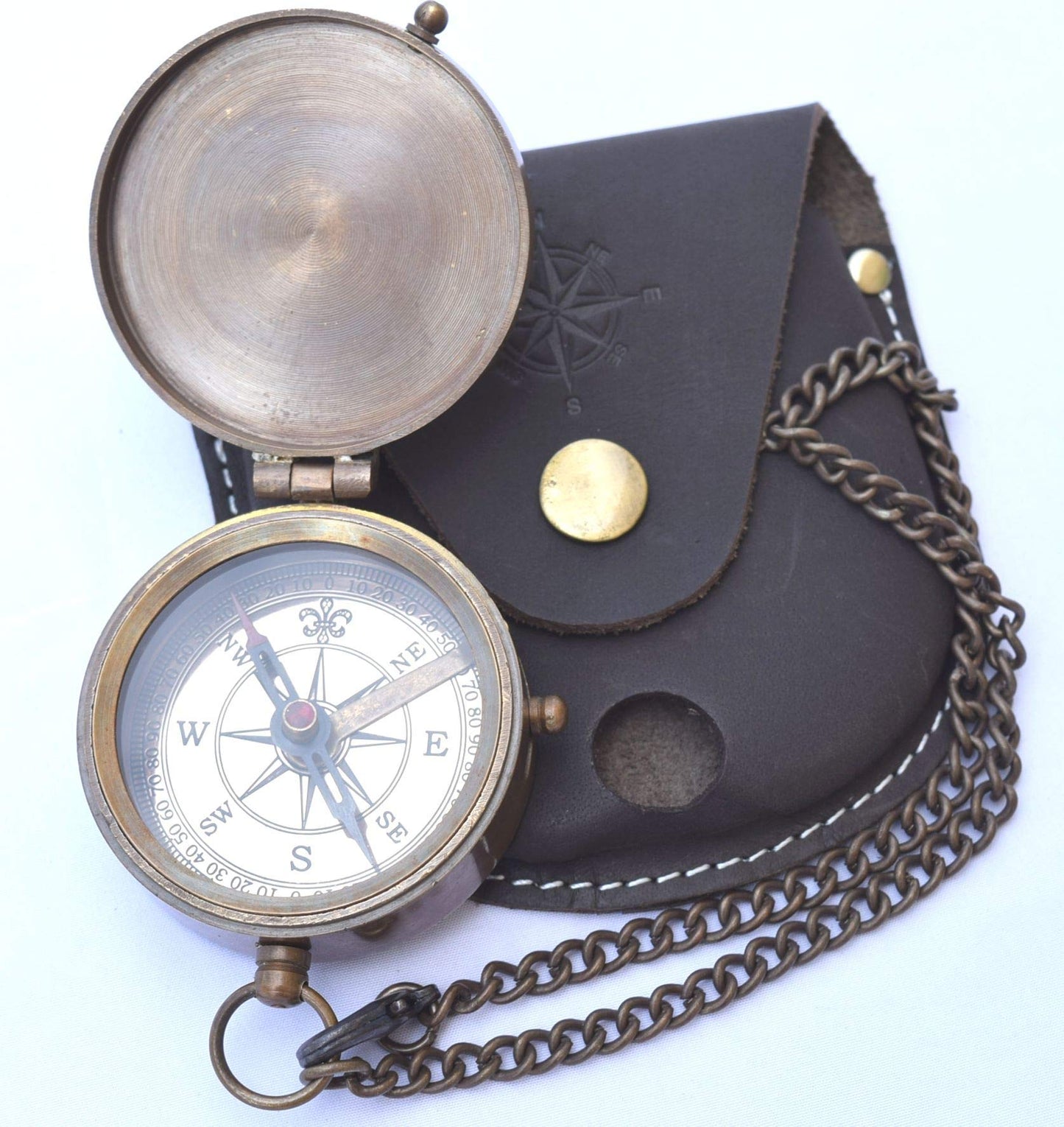 NEOVIVID Engravable Compass, Brass, Leather Pouch, Pirate Compass, Gift Compass, Camping Compass with Needle-lifting Mechanism.