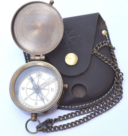 NEOVIVID Engravable Compass, Brass, Leather Pouch, Pirate Compass, Gift Compass, Camping Compass with Needle-lifting Mechanism.