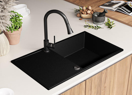 PRIMAGRAN granite sink black 90x50cm, granite sink 1 bowl + drain set, kitchen sink from 60cm base cabinet - Ibiza S034