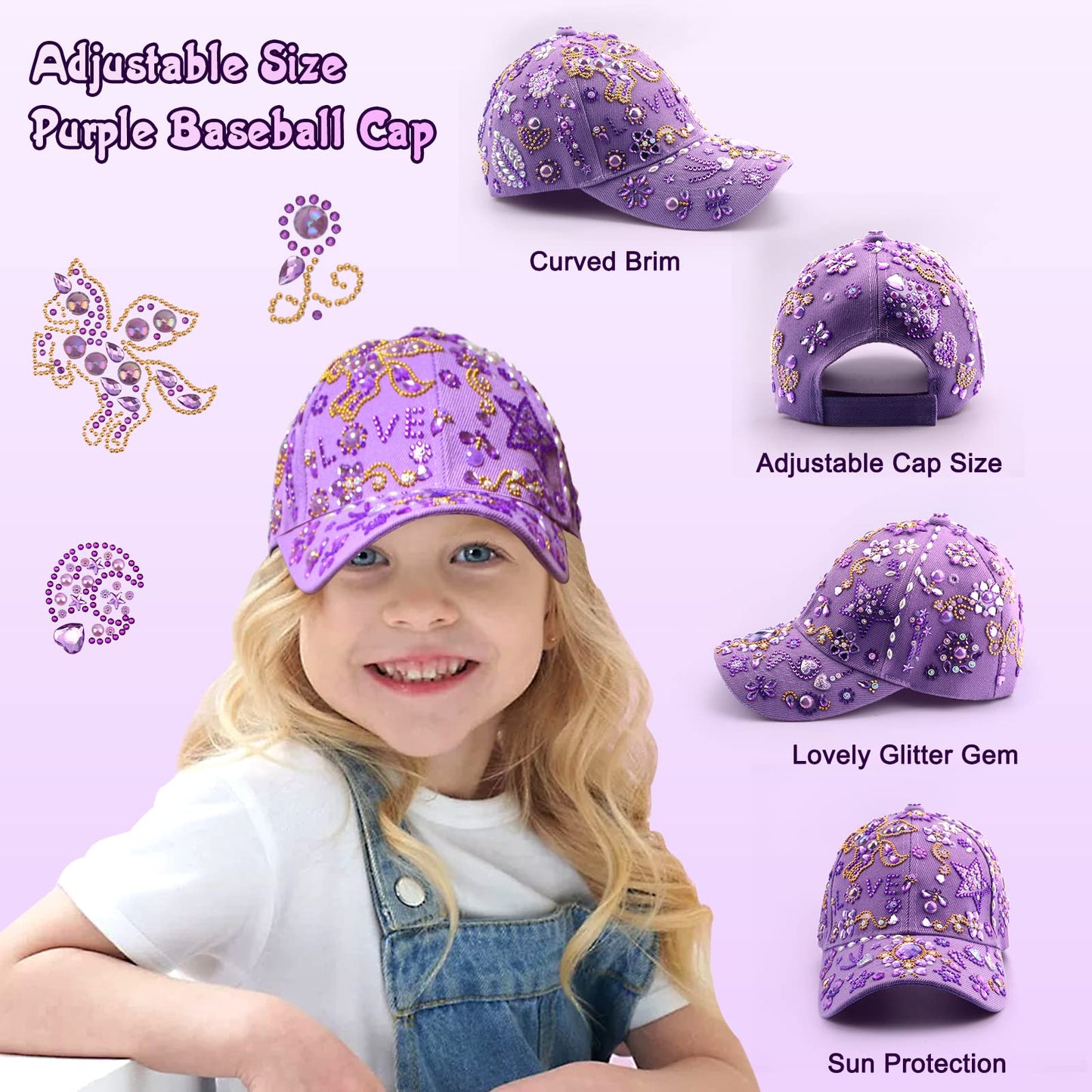 Gifts for girls DIY water bottle baseball cap, customize with gemstone unicorn stickers, back to school birthday gift for girls ages 4-13, hat crafting.