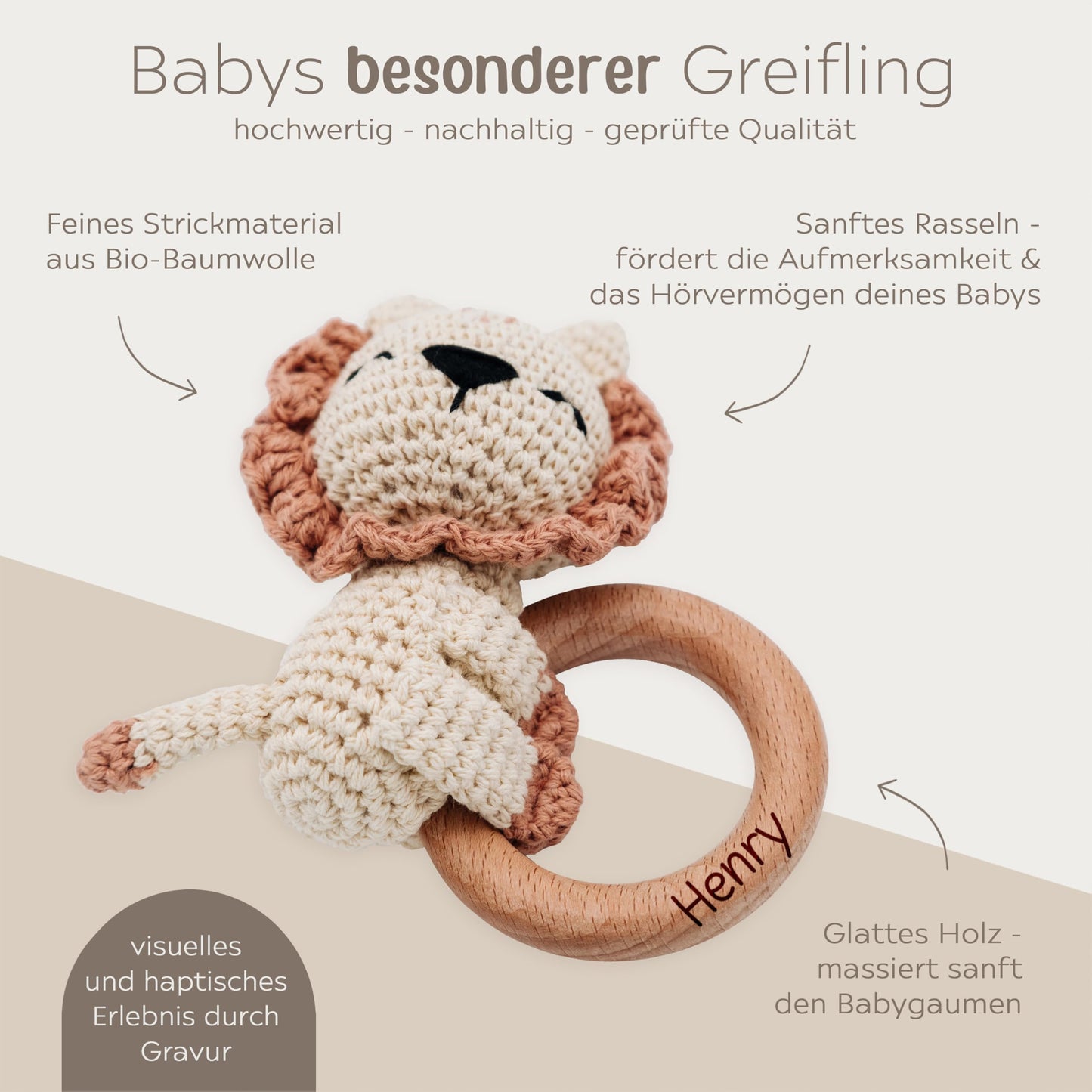 miracle wish® - Personalized Teething Ring Baby - Cute Grasping Toy for Babies from 0 months - Baby rattle with name as baby gift for girls and boys (lion lying down, without name)