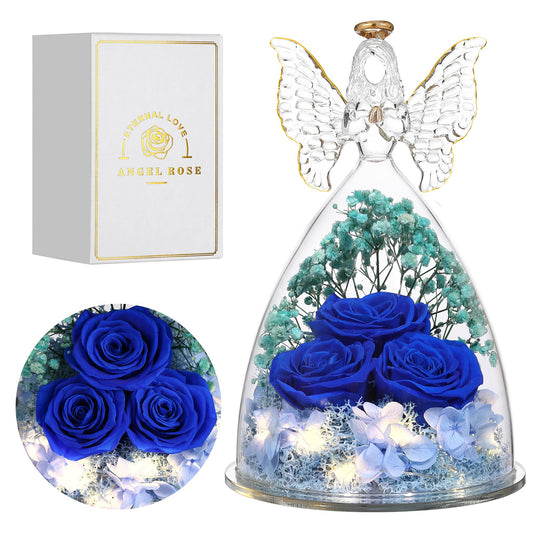 Faneeyo Angel Gifts for Women - Three Preserved Flower Roses in Glass, Birthday Gift for Her, Rose Figurines for Valentine's Day Mother's Day Christmas - Dark Blue