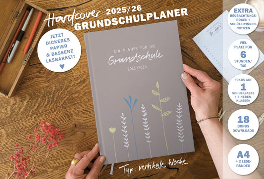 One of the good teacher planners 2025-2026, A4 elementary school planner, 1 double page per week, hardcover school planner for the 25/26 school year, gray beige with flowers, FSC paper.