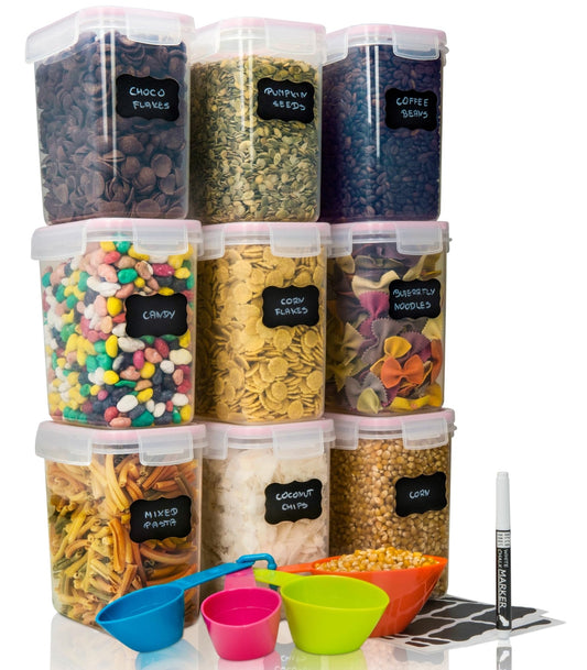Deco house® storage containers 9 piece set 1.6L - kitchen storage box airtight storage container - plastic storage containers with lid - storage jars for storing pasta, cereal, flour