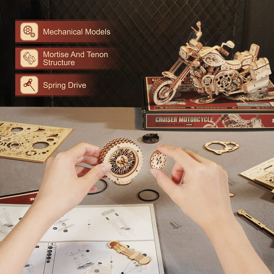 ROKR 3D Puzzle Wooden Building Set Mechanical Gear Model Cruiser Motorcycle for Kids Adults.