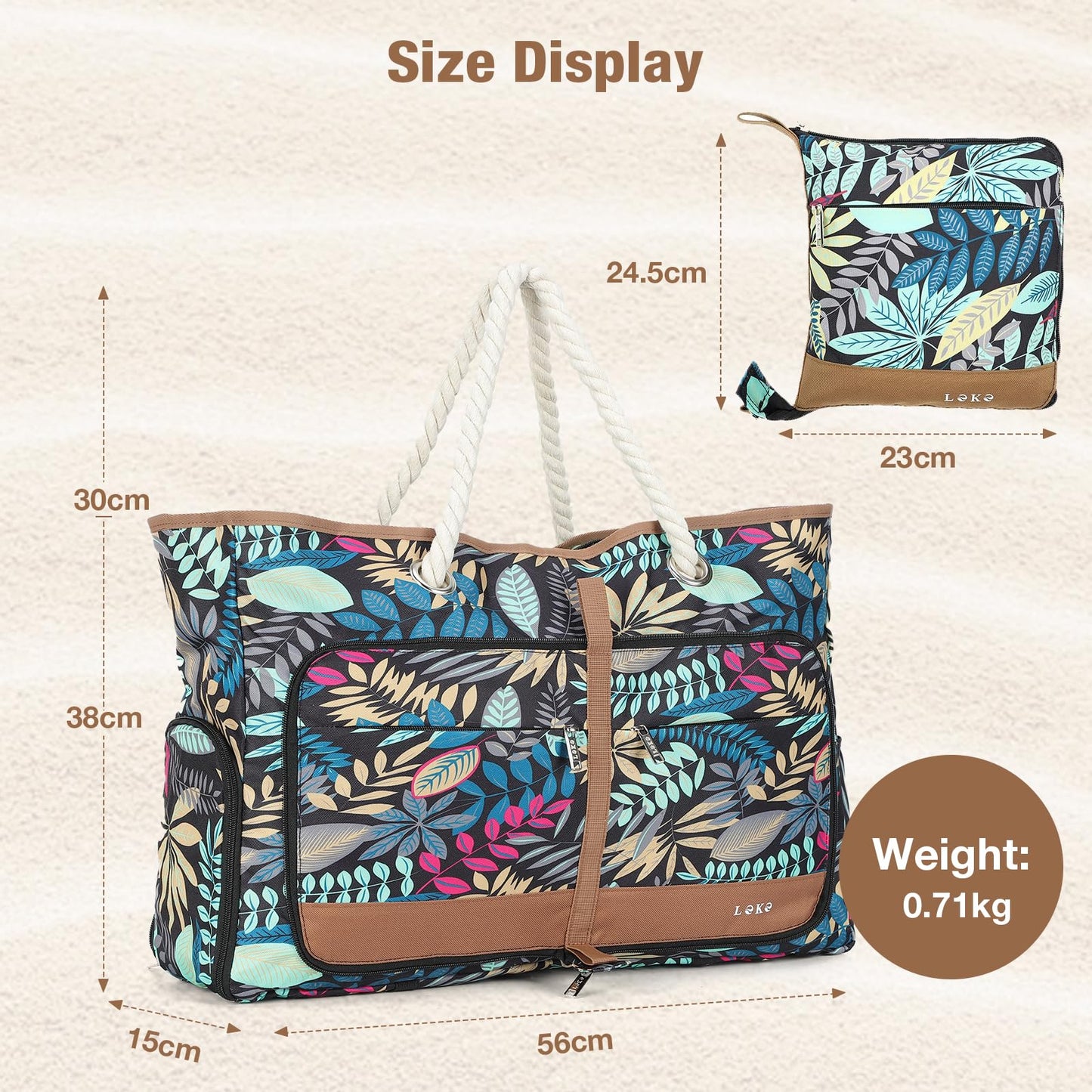 Lekespring beach bag for women with zipper, versatile shopper bag for beach, travel, shopping, sports, and work (Blue Jungle)