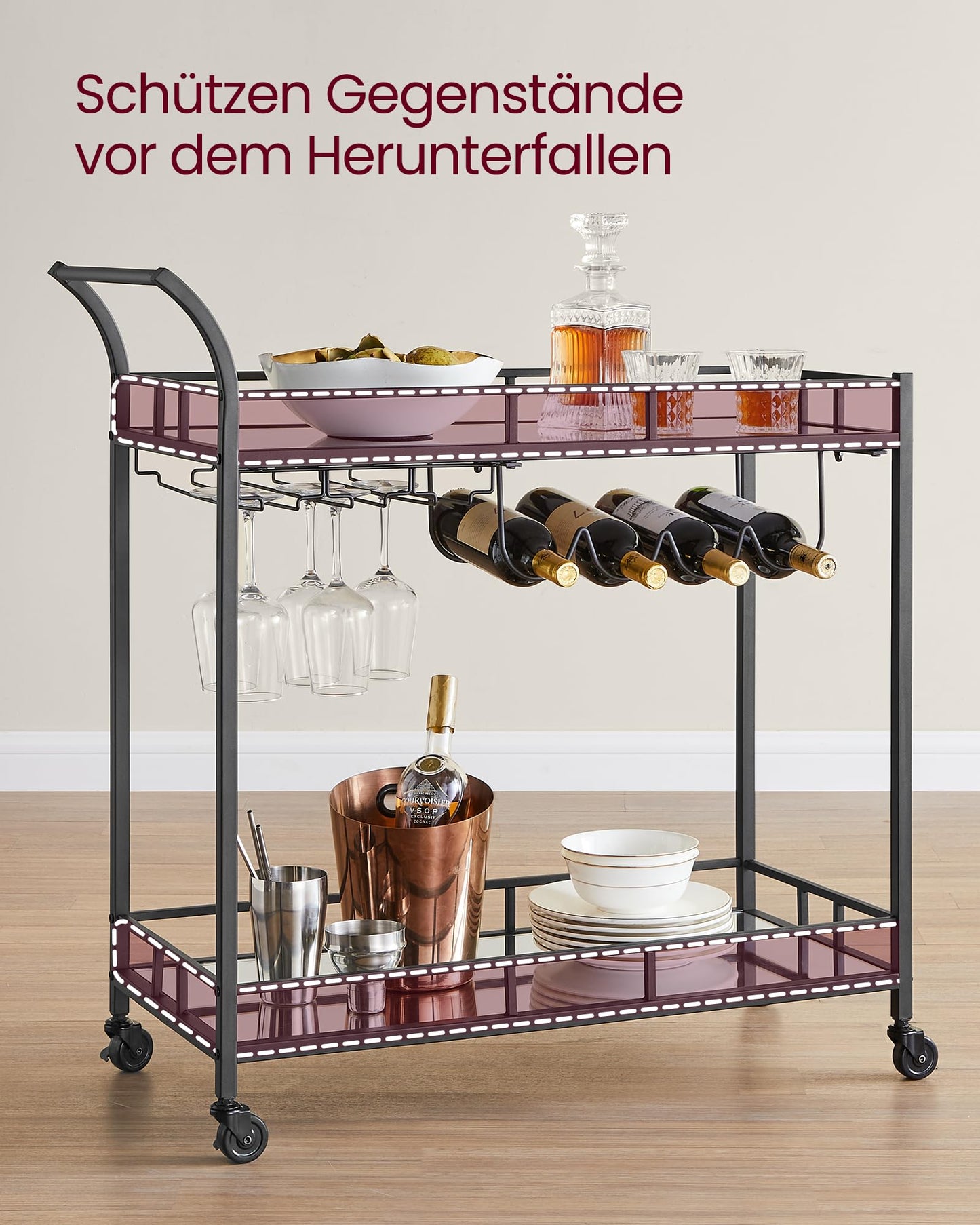 VASAGLE serving cart, rolling cart, glass holder, 2 mirrored glass shelves, bar cart, wine cart, for kitchen, dining room, bar, black LRC090B62
