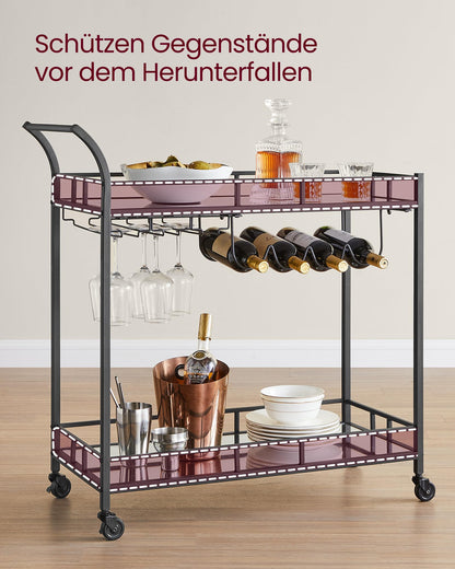 VASAGLE serving cart, rolling cart, glass holder, 2 mirrored glass shelves, bar cart, wine cart, for kitchen, dining room, bar, black LRC090B62