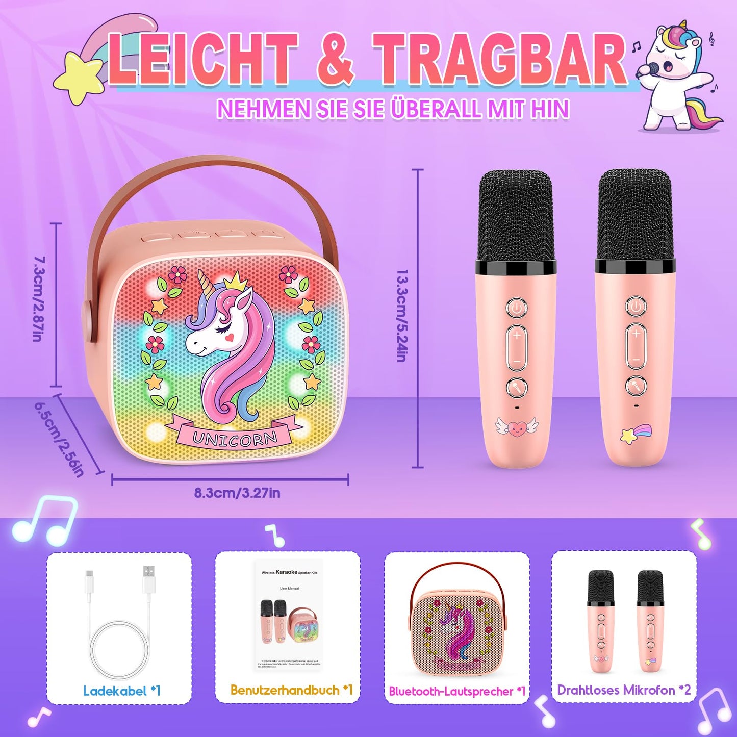Disco light Karaoke Machine with 2 Bluetooth microphones for kids, unicorn gift for girls 3-12 years old. Portable karaoke microphone toy for kids aged 3-12, girls gift microphone for kids.