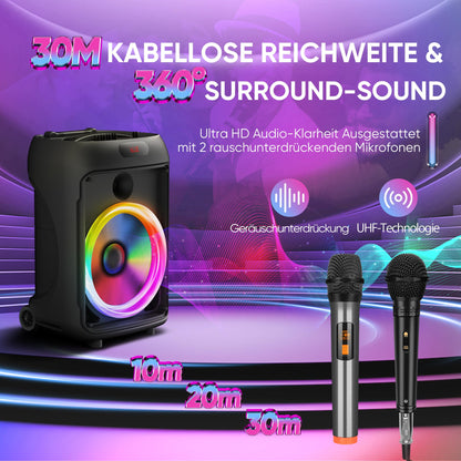 Karaoke machine with 2 wireless microphones, portable Bluetooth speaker, LED lights, PA system, supports recording/FM/AUX/USB/TF.