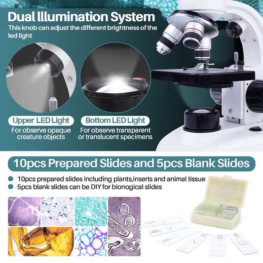 MAXLAPTER Binocular Microscope for Adults Kids, 40X-1000X Compound Microscope with Storage Bag Slides Phone Adapter and Accessories, for Teaching Laboratory Hobbyist Applications