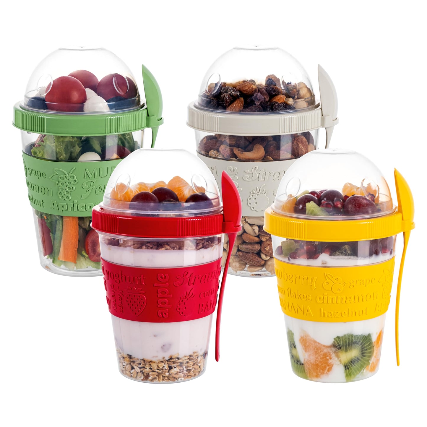 spar-home® 4-piece set yogurt cups To Go 600ml - muesli cup To Go with spoon Muesli To Go cup with lid for yogurt muesli eating on the go office school (4-piece set)