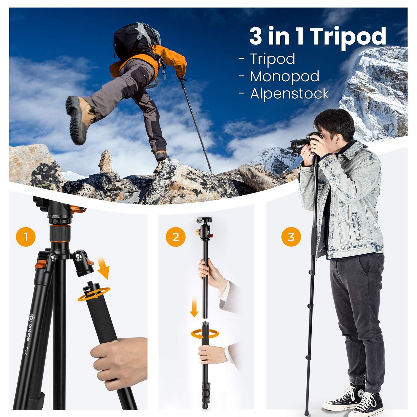 TARION Camera Tripod with Transverse Center Column, Aluminum Travel Tripod with 360° Ball Head, Quick Release Plate, and Tripod Bag, Convertible to Monopod (Tripod+Boom Arm)