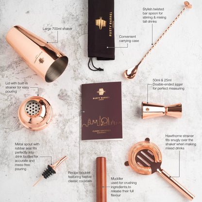 Rusty Barrel Chelsea Cocktail Set for Mixing - Rose Gold Gift Set Manhattan Stainless Steel Cocktail Shaker, Muddler, Strainer, Jigger, Pourer, Spoon, Bag, and Recipe Book - with Gift Box