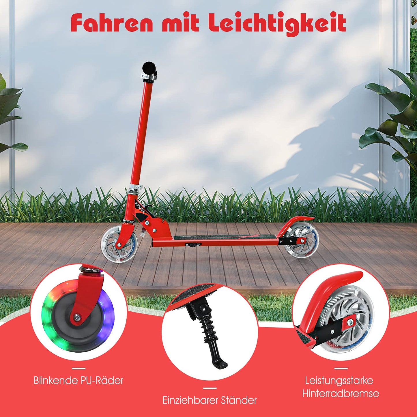 GYMAX Foldable Kids Scooter, Children's Scooter with LED light-up wheels, Kick scooter 3 height adjustable up to 70kg load-bearing capacity, Kick scooter for boys & girls aged 4 years and above (Red)