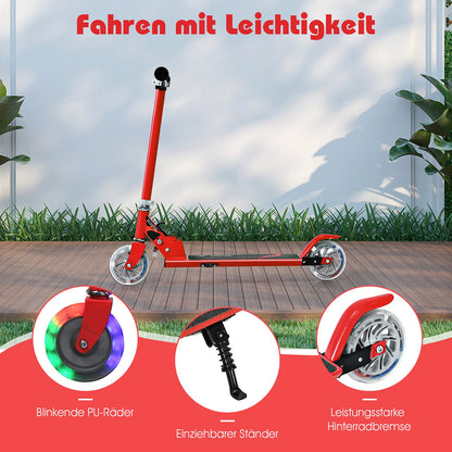 GYMAX Foldable Kids Scooter, Children's Scooter with LED light-up wheels, Kick scooter 3 height adjustable up to 70kg load-bearing capacity, Kick scooter for boys & girls aged 4 years and above (Red)