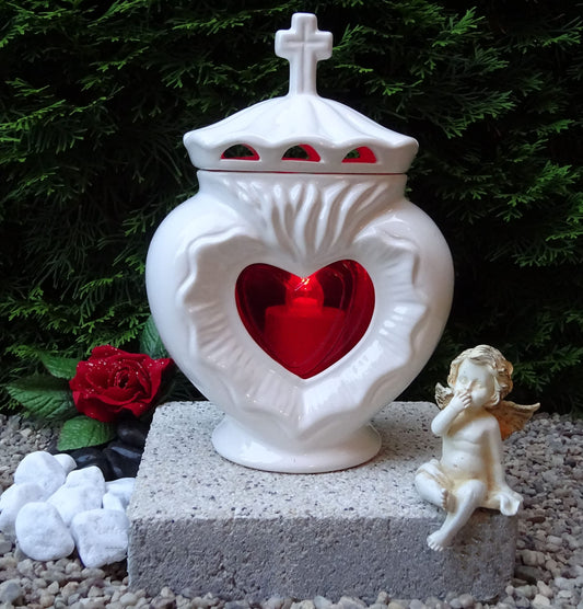 Grave lamp with heart base white 26.0cm grave light grave decoration grave lantern grave candle candle grave lamp lantern light mourning cemetery garden.