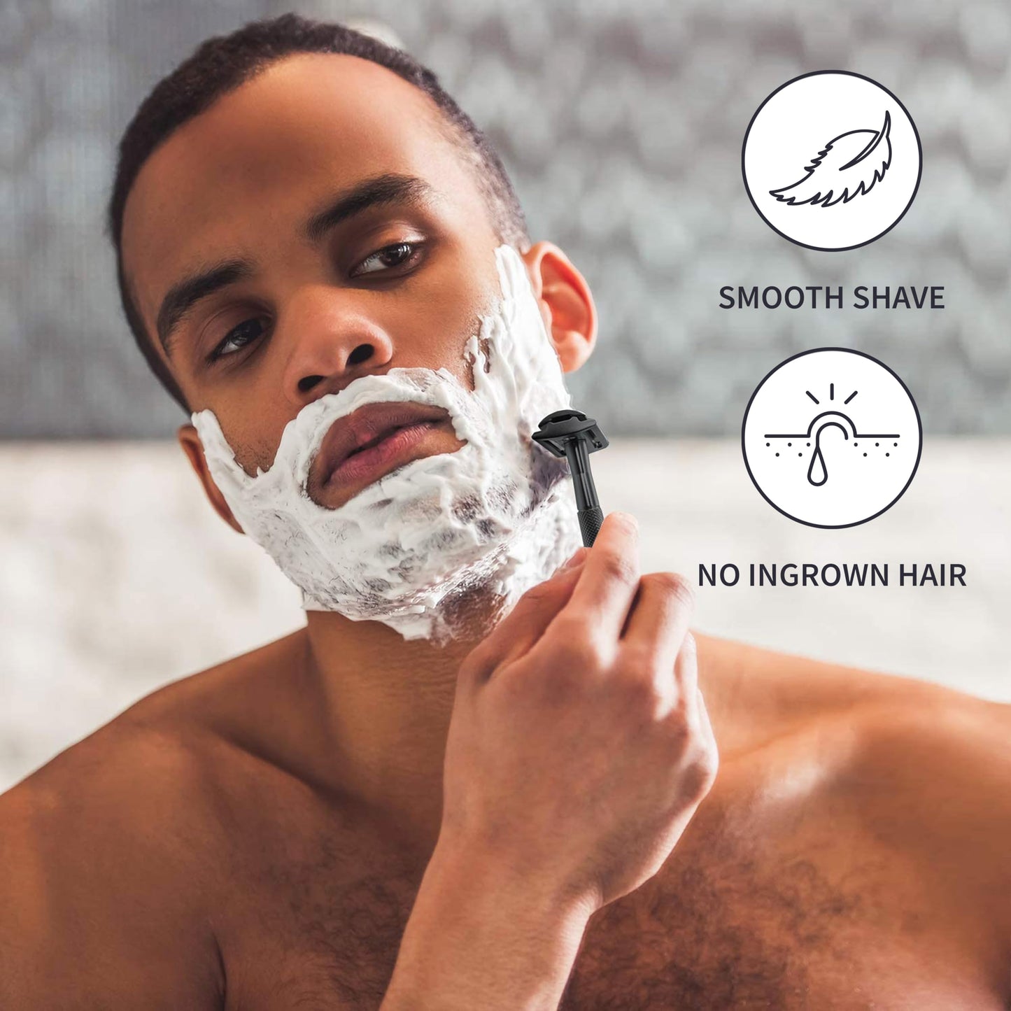 Bambaw - Men's shaving set includes: 1 black safety razor with stand, 15 double-edged razor blades, 1 unscented shaving soap, & 1 black shaving brush. Gifts for men.