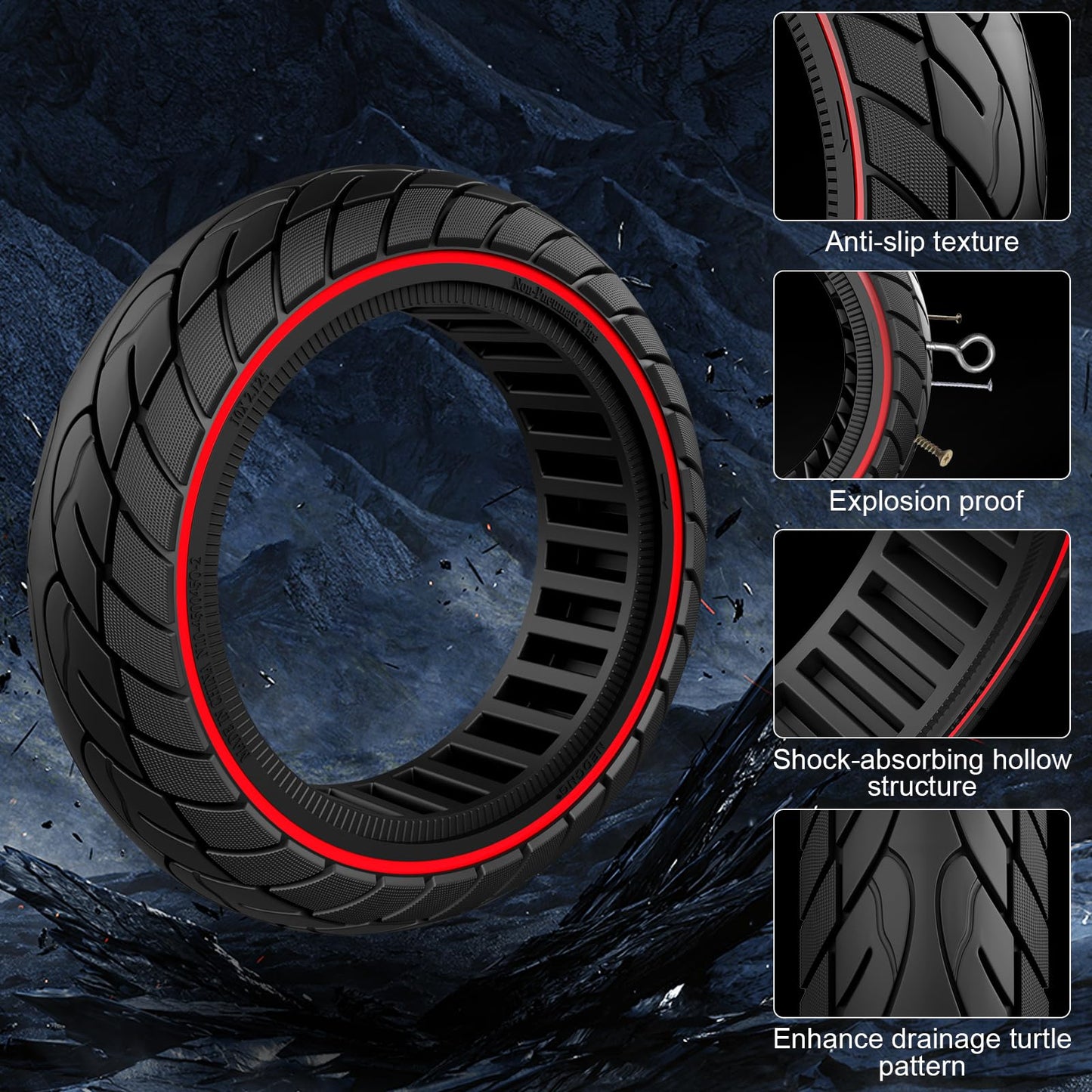 OUXI 10x2.125 Inch Electric Scooter Tire - Solid Rubber Tire with Mounting Tool, Highly Elastic