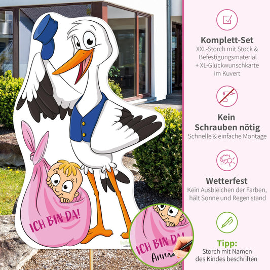 Stork birth announcement for outside I girl baby I XL 110 cm I stork for staking I weatherproof for outside I baby stork birth gift decor I set with card